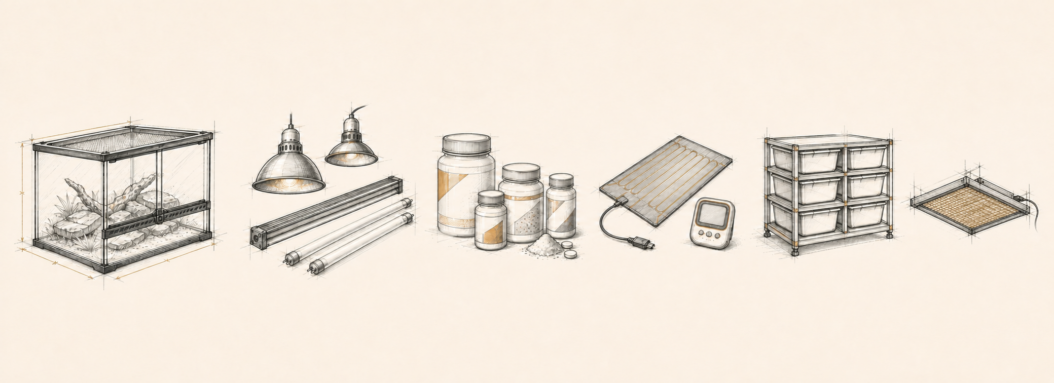 Technical sketches of terrariums, lighting, supplements, heating and environmental-control equipment
